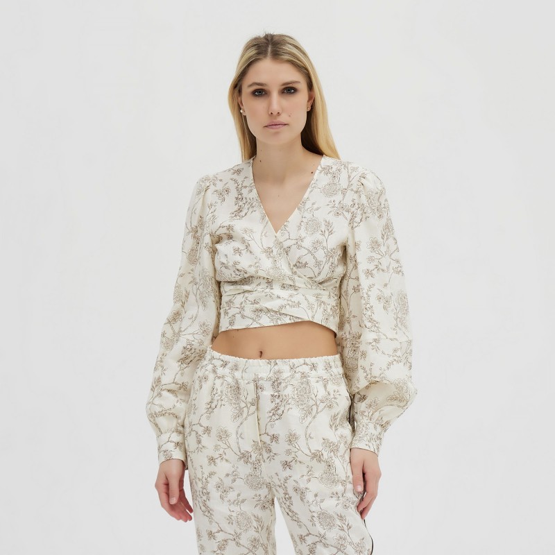 Blusa crop in lino stampa flower Erika Cavallini