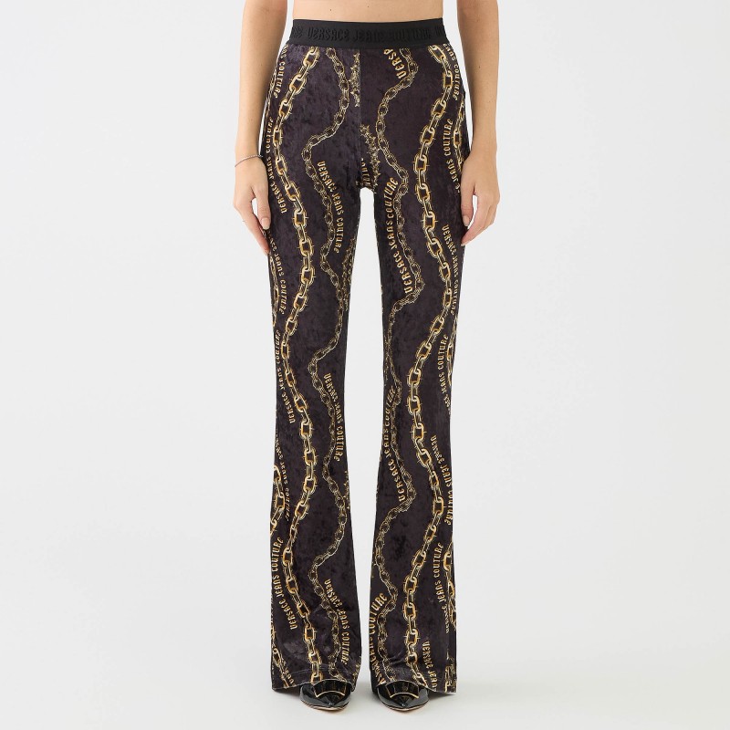 Pantalone a zampa in velluto stampa catene Versace Jeans Couture