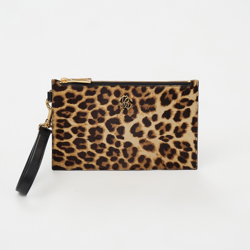 Pochette in cavallino stampa leopardo con logo Roberto Cavalli
